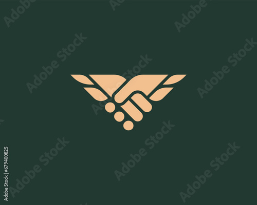 Abstract handshake wings premium logo. Universal deal contract cooperation symbol. Corporate partnership sign. Delivery business cargo icon. Vector illustration.