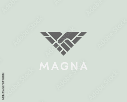 Abstract handshake wings logo. Corporate partnership sign. Delivery business cargo icon. Universal deal contract cooperation symbol. Vector illustration.