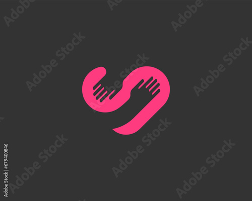 Abstract heart and human hands flat logo. Creative hug love care sign. Vector illustration.