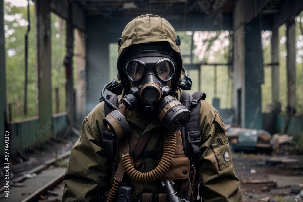 stalker in a gas mask in abandoned building after nuclear disaster stalker in a gas mask in abandoned building after nuclear disaster