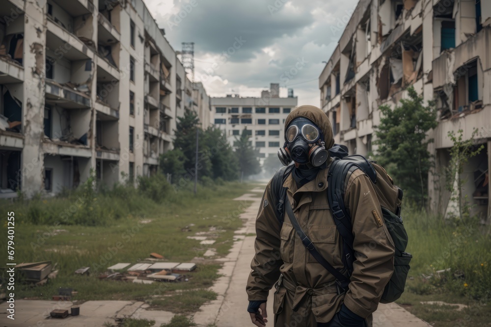 stalker in a gas mask in the middle of abandoned city