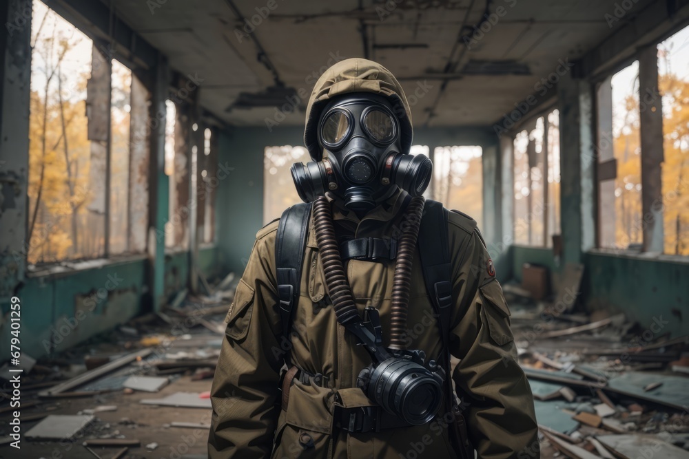 stalker in a gas mask inside of abandoned building
