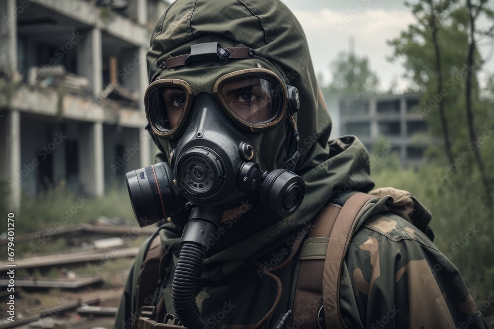 stalker in a gas mask near abandoned building stalker in a gas mask near abandoned building
