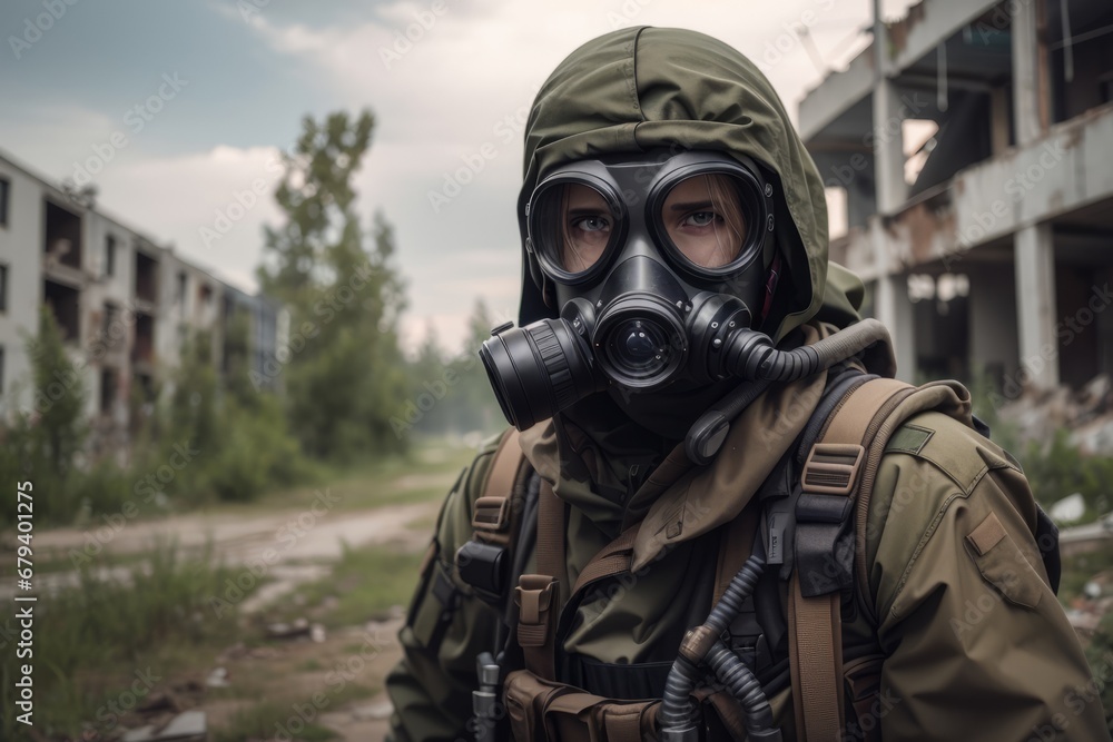 stalker in a gas mask near abandoned building stalker in a gas mask near abandoned building