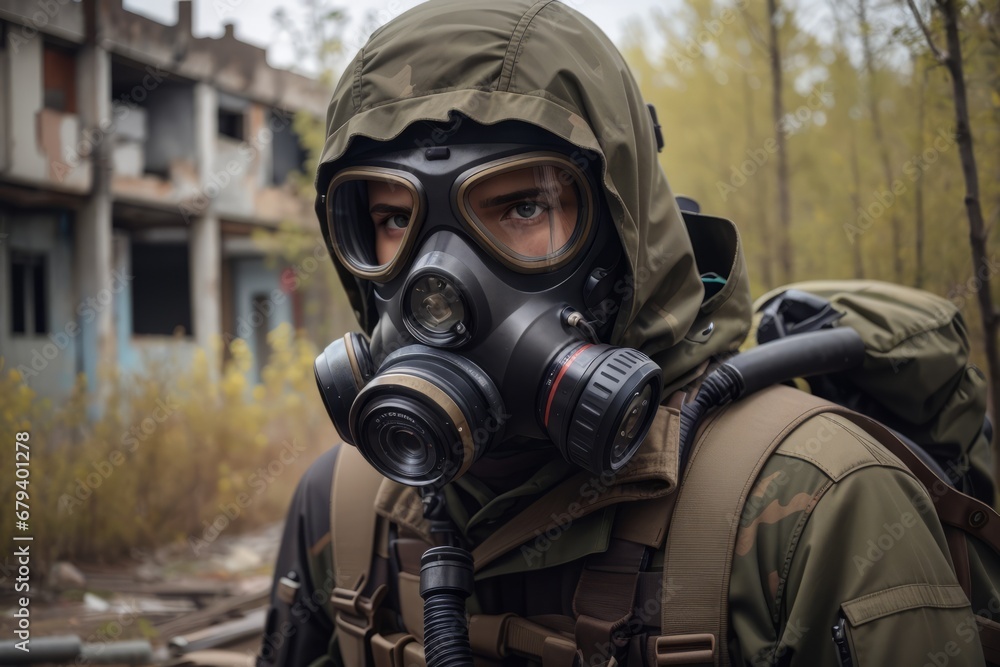 stalker in a black gas mask near abandoned building