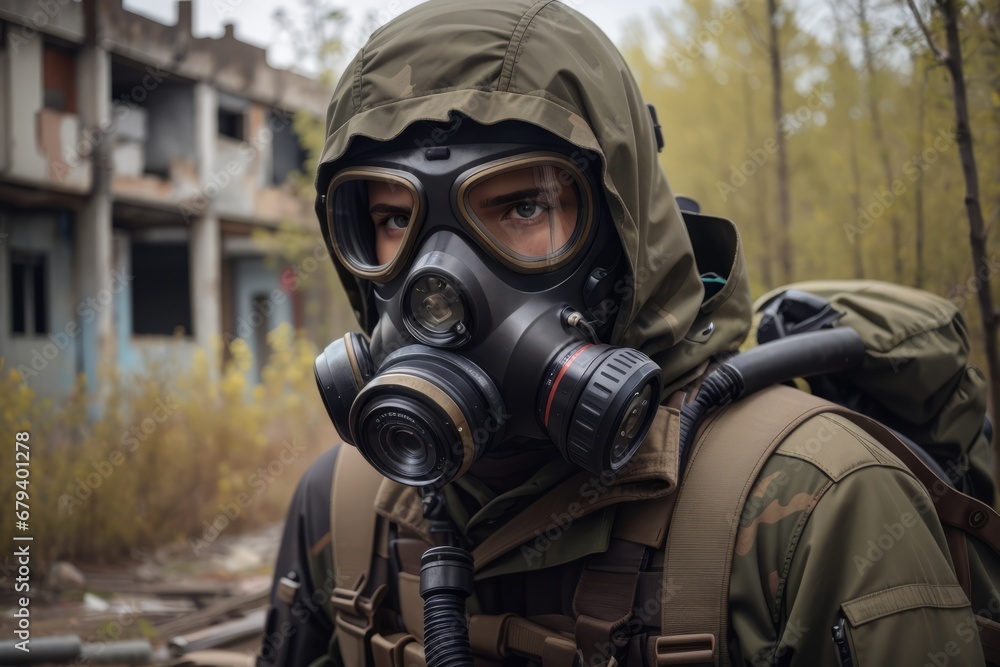 stalker in a black gas mask near abandoned building stalker in a black gas mask near abandoned building