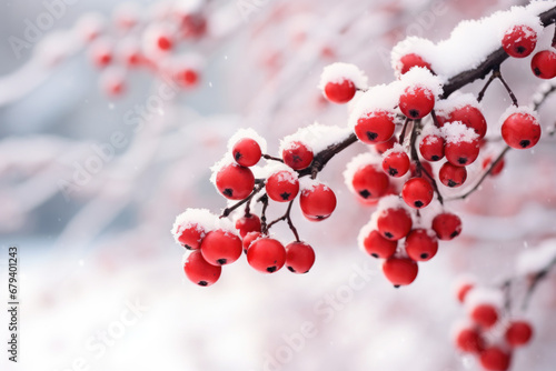 Red berries on blurred snowy background