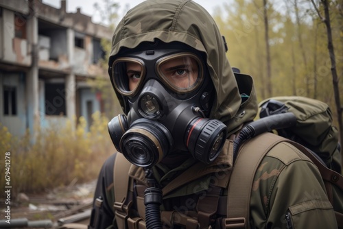 stalker in a black gas mask near abandoned building