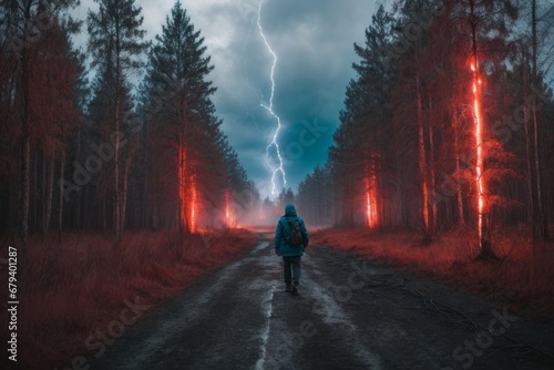 stalker in the abnormal forest during a thunderstorm photo