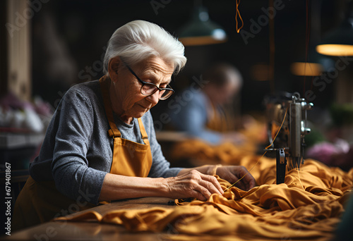 An old woman sews in a factory