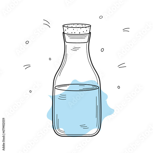 Glass bottle of milk. Organic homemade food. Vector illustration in hand drawn doodle style. Nutrition concept. Kitchen image. Illustration for a cookbook.