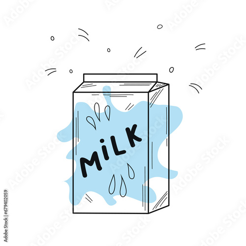 A pack of milk. Organic homemade food.   Vector illustration in hand drawn doodle style. Nutrition concept. Kitchen image. Illustration for a cookbook.