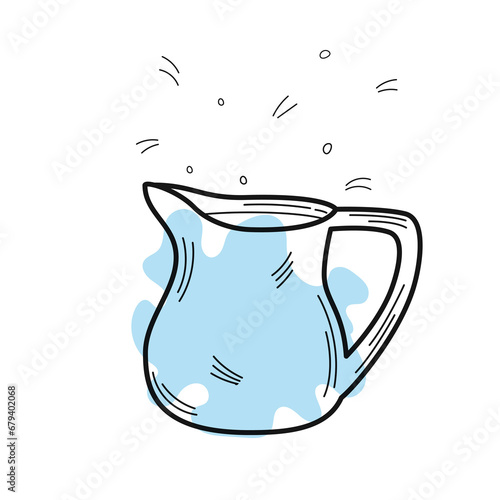 Glass jug of milk. Organic homemade food. Vector illustration in hand drawn doodle style. Nutrition concept. Kitchen image. Illustration for a cookbook