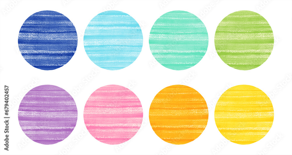 Colorful textured vector striped circles set, collection. Acrylic, oil paint parallele brush stains, hand drawn painted backgrounds, round text frames. Rough textures, graphic design elements.