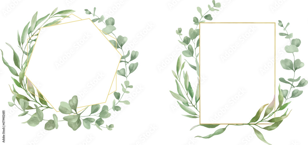 Watercolor set of floral frames with eucalyptus leaves, branches. Hand drawn illustration isolated on background. Vector  EPS. - obrazy, fototapety, plakaty 