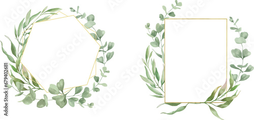 Watercolor set of floral frames with eucalyptus leaves, branches. Hand drawn illustration isolated on background. Vector  EPS. photo