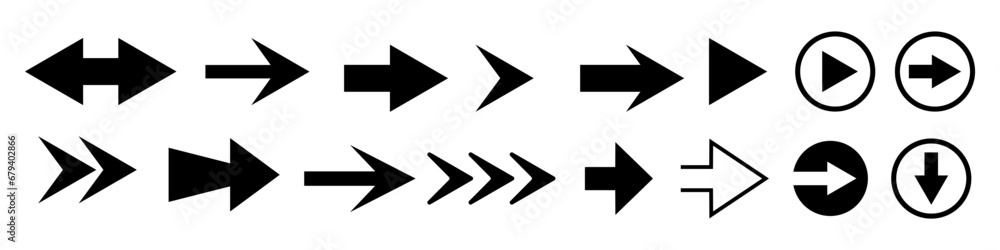Arrows vector icons. Set of arrows of different thickness and shape. Flat arrows of black color on an isolated background. Vector EPS 10 Arrows vector icons. Set of arrows of different thickness and shape. Flat arrows of black color on an isolated background. Vector EPS 10