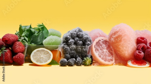 Frozen fruits blueberries pineapple berries blackberry raspberry red currant peach. Healthy and convinient fruit storage. Yellow Bakcground with copy space. photo