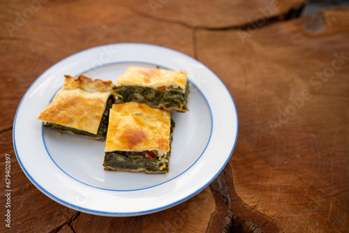 Three Portions of Torta Pascualina (Spinach and Vegetable Pie), a Typical Dish from Uruguay and Argentina. With Space for Copy