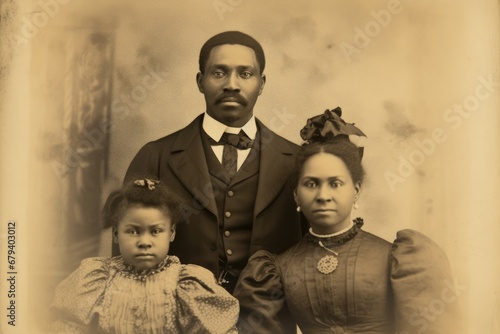 Vintage retro family portrait of an African American man posing with his wife and daughter photo