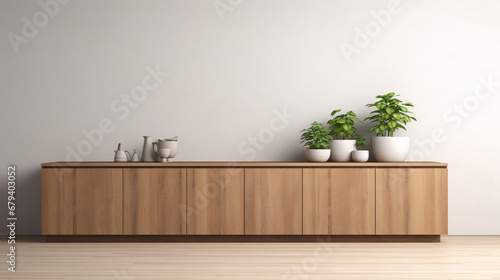 Wooden cupboards and white worktop. Interior of modern kitchen with white and concrete generative ai