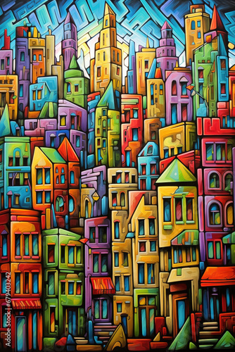 "Bustling Rainbow Cityscape", Rainbow markers vibrant illustration