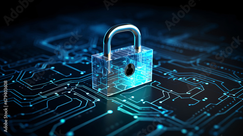 Cybersecurity technology: Digital padlock guarding computing systems against fraud and protecting privacy data in a dark blue backdrop photo