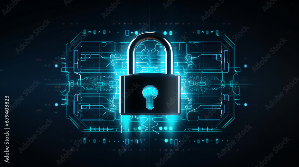 Cybersecurity technology: Digital padlock guarding computing systems against fraud and protecting privacy data in a dark blue backdrop Cybersecurity technology: Digital padlock guarding computing systems against fraud and protecting privacy data in a dark blue backdrop