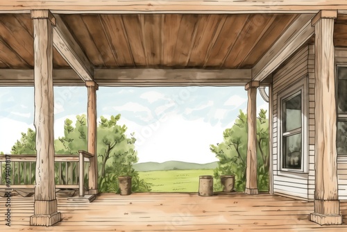 detail of wooden pillars supporting farmhouse porch roof, magazine style illustration