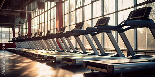 A row of empty treadmills in a gym