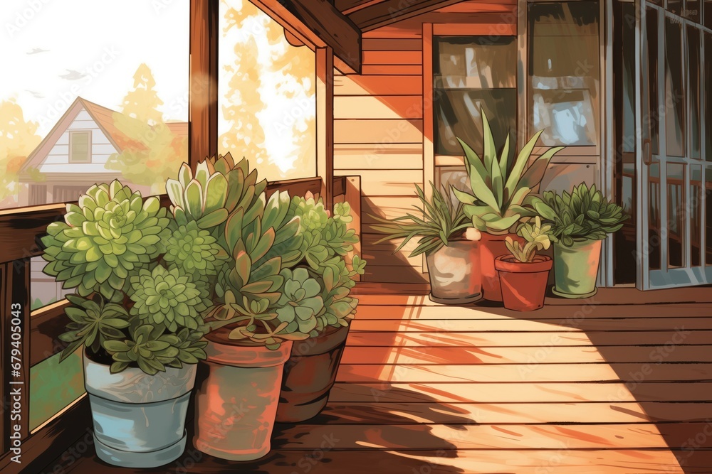 potted succulents on cabins sunlit porch, magazine style illustration