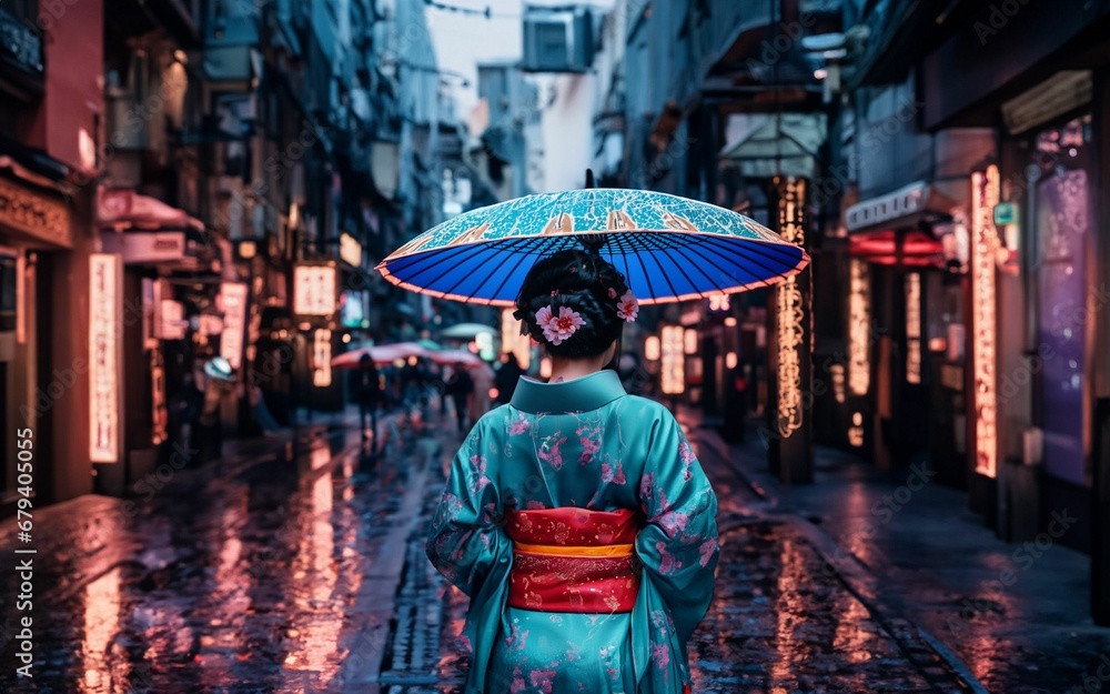 In Kyoto's rain, a geisha gracefully moves with an umbrella, embodying elegance