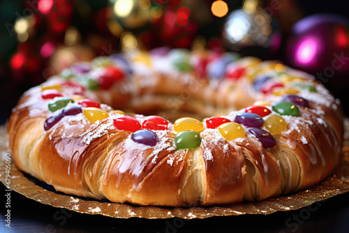 típico dulce español roscón de reyes navideño sobre mesa decorada y fondo desenfocado de árbol de navidad