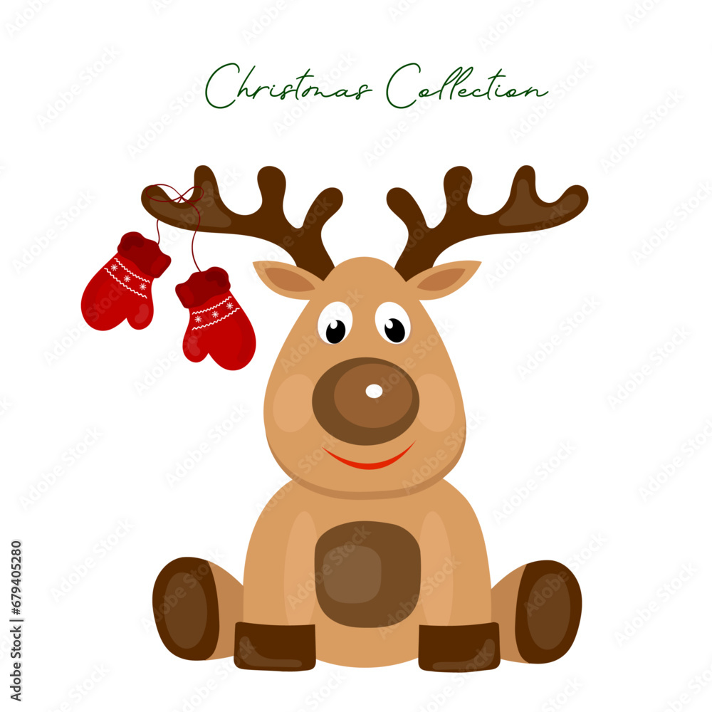 Fototapeta premium Christmas deer with Christmas gloves on the horns 