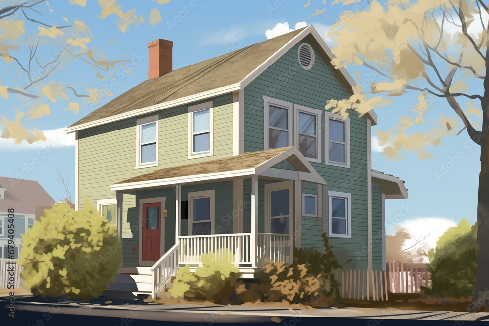 full frontal view of traditional saltbox home in daytime, magazine style illustration