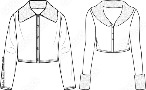 Women's Fur Collar Detail Button-up Cardigan. Technical fashion illustration. Front, white color. Women's CAD mock-up.