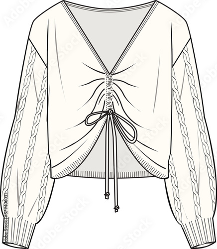 Women's Gathering Front Detail Jumper-Technical fashion illustration. Front, ecru color. Women's CAD mock-up.