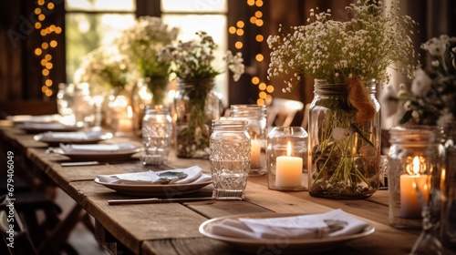 A charming, rustic party table setup with mason jar decor.