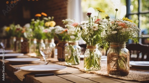A charming  rustic party table setup with mason jar decor.