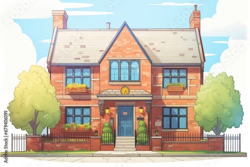 full view of a tudor-style house with a sun-lit brick base, magazine style illustration photo