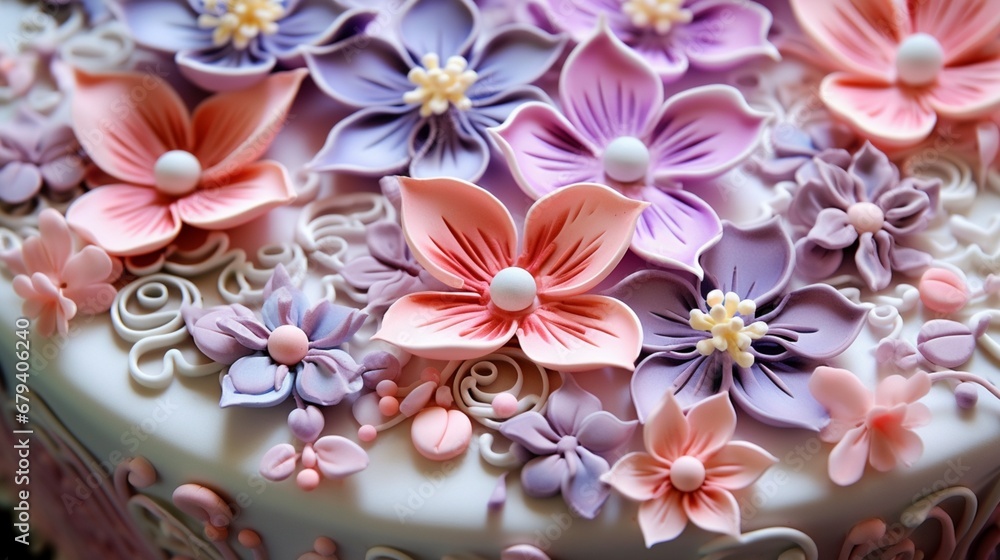 A close-up of a beautifully adorned and delicious-looking birthday cake.