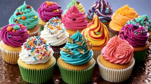 A colorful and artistic display of party-themed cupcakes.