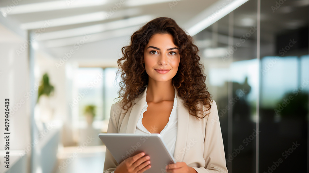Mujer ejecutiva bella con una tableta digital en una oficina Mujer ejecutiva bella con una tableta digital en una oficina