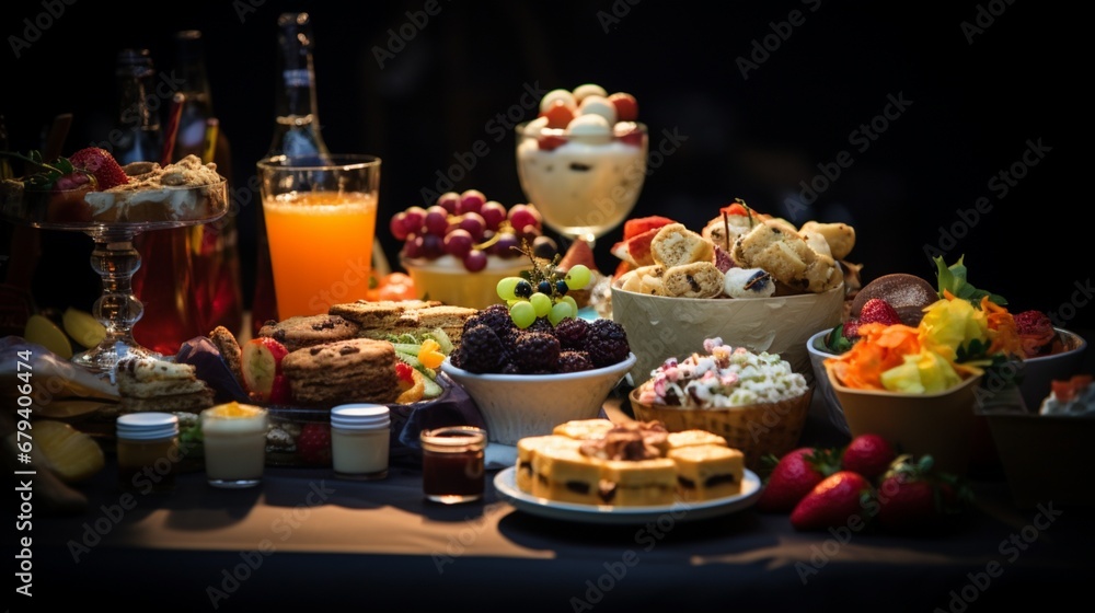 A table filled with various tasty treats and drinks at a celebration.