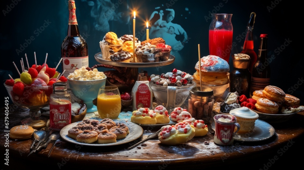 A table filled with various tasty treats and drinks at a celebration.