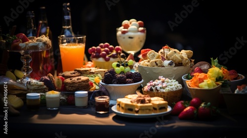 A table filled with various tasty treats and drinks at a celebration.
