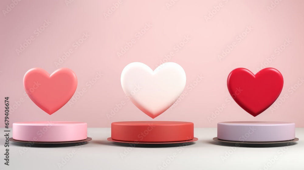 Podium background pink 3d product love display platform red heart stand studio stage day. Background pink backdrop podium shape minimal scene room abstract pedestal gift light sale pastel romantic day