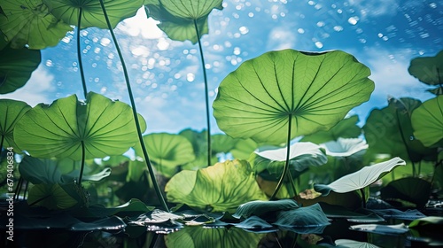 green lotus pond, lotus leaf grow over water surface with blue sky sunny day, summer and tropical background wallpaper, Ai Generated