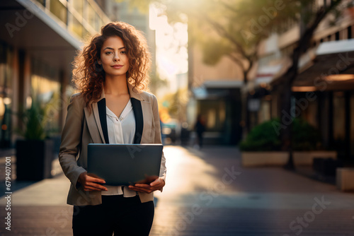 bella mujer latina empresaria sosteniendo una laptop en una calle  photo