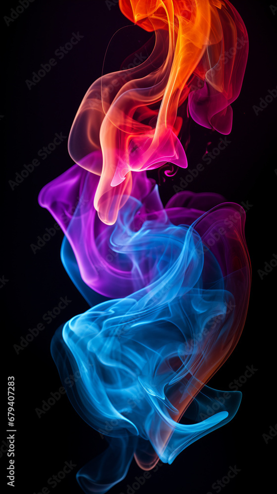 Realistic colorful smoke isolated on black background, AI Generative.